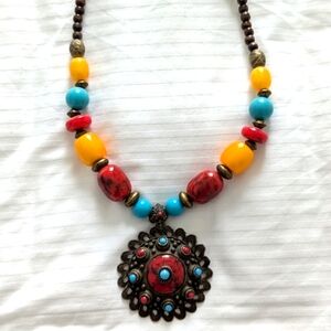 Red and Yellow Bohemian Necklace with Medallion Pendant